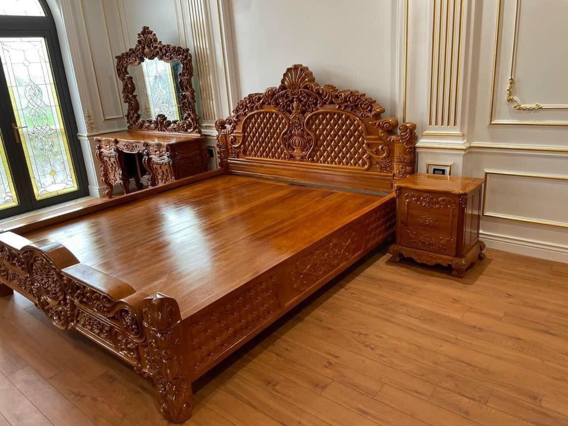 Bộ giường ngủ gỗ gõ chạm khắc